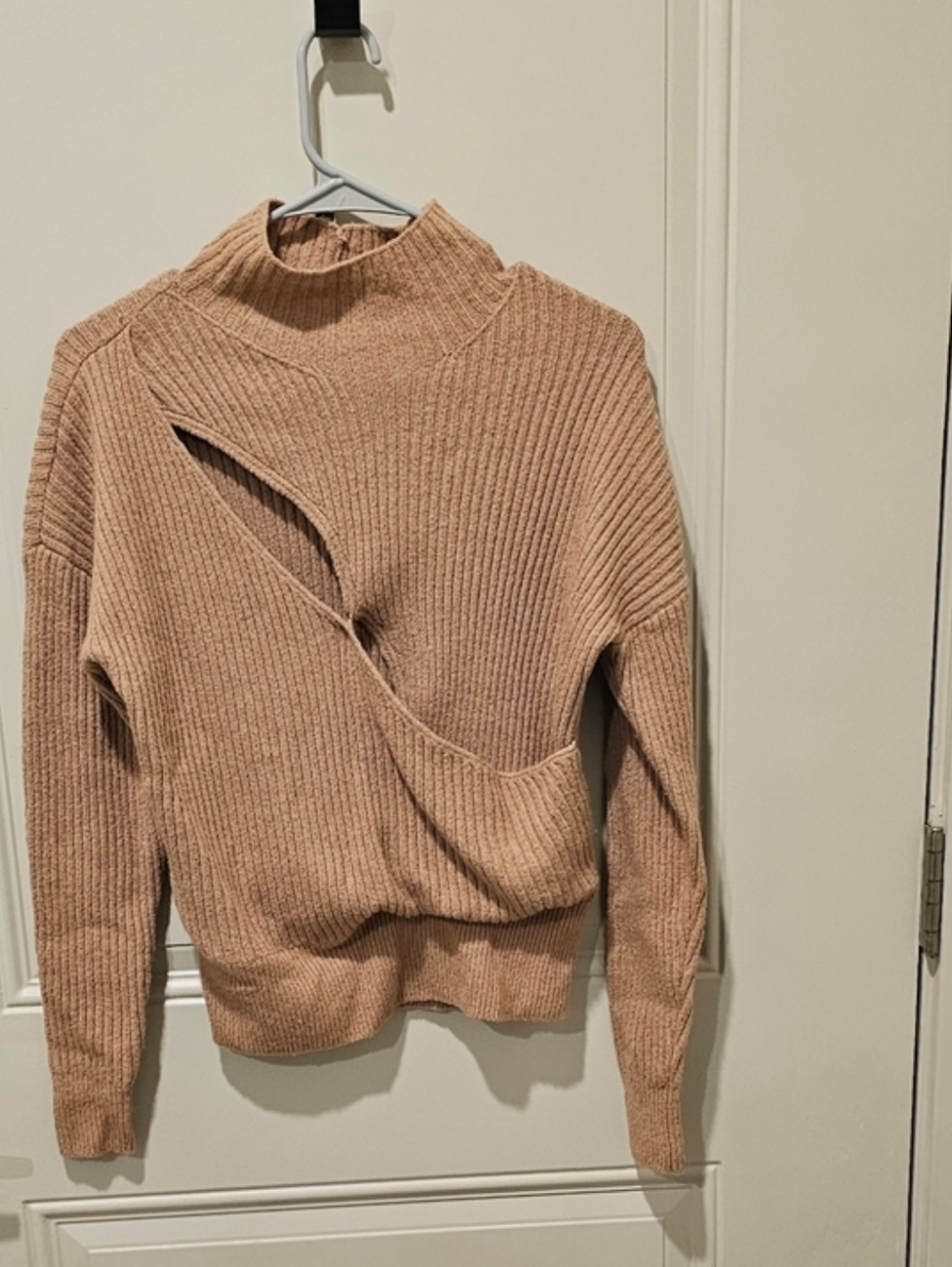 Ribbed Twist Cutout Turtleneck Sweater in Beige